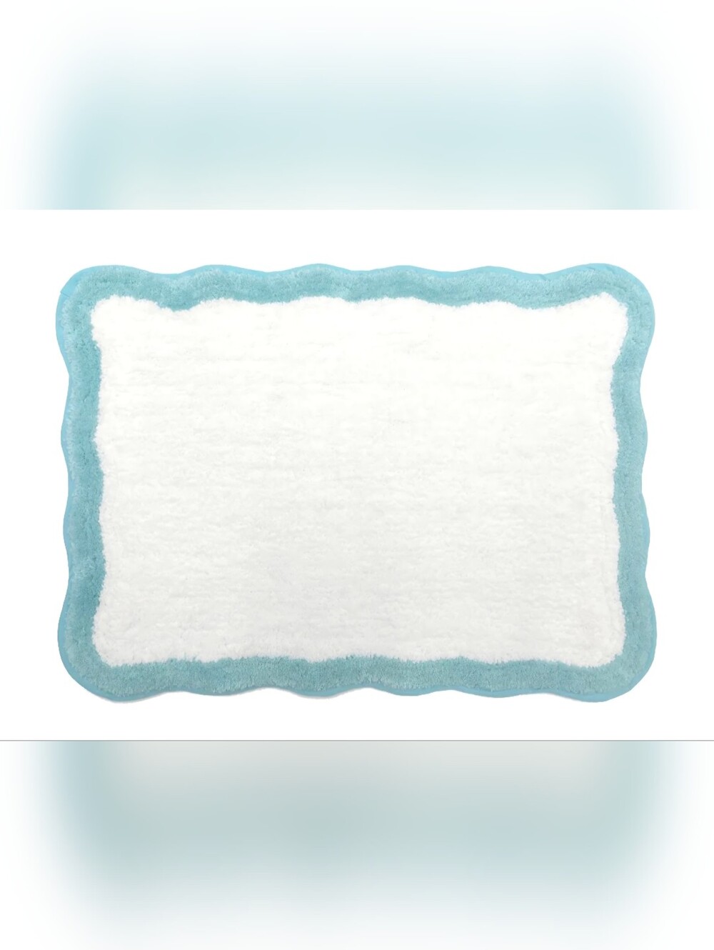 NWT Plush Scalloped White Bathroom Rug with Aqua Trim Soft And Machine Washable